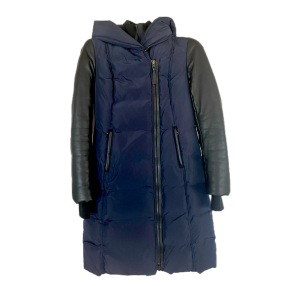 Mackage Jackets & Blazers - NWOT Mackage down coat. Size M. Navy body-Black leather sleeves w/ ribbed cuffs